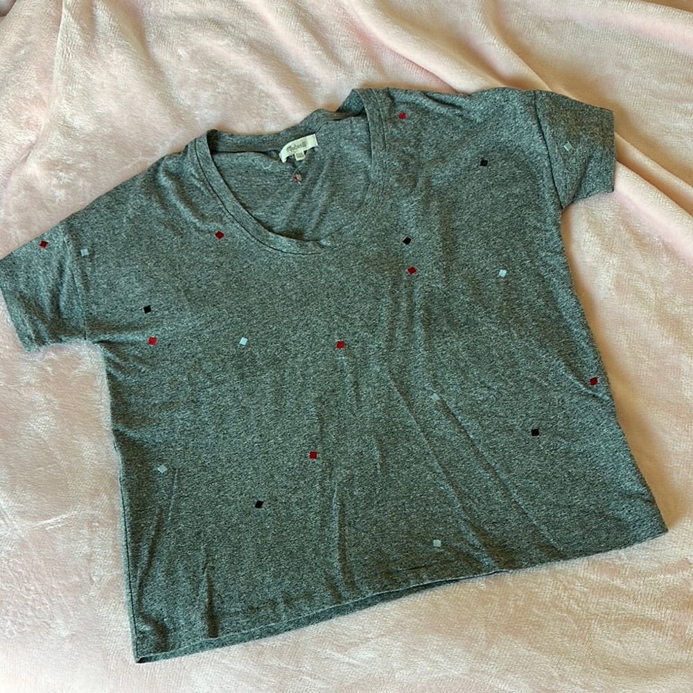 Madewell‎ Gray Short Sleeve Tee with red white blue detail